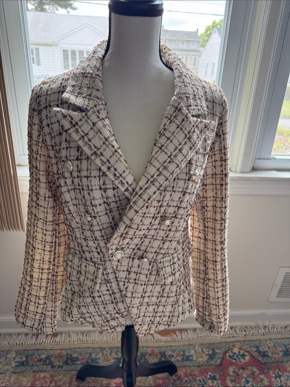 Cream Plaid Tweed Double-Breasted Jacket